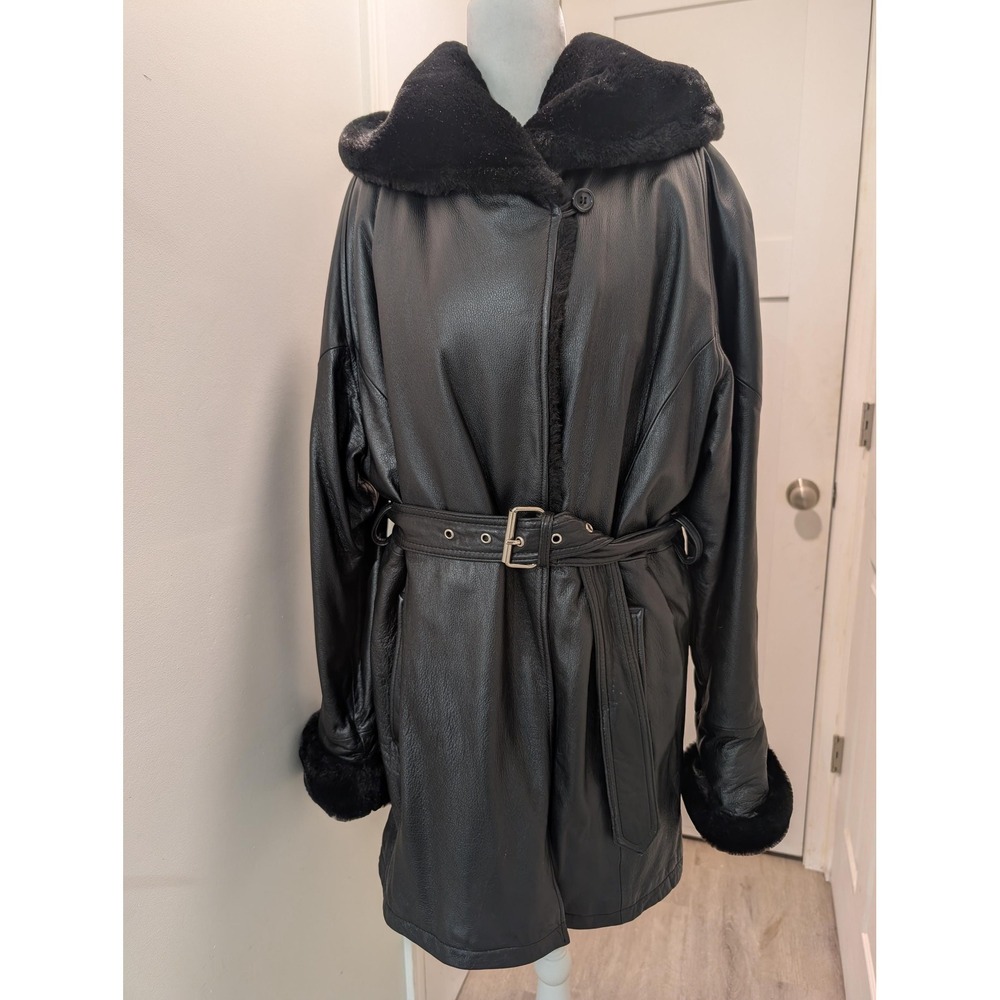 Wilsons Black Leather Coat Jacket Partial Faux Fur Lining Hood Size Small